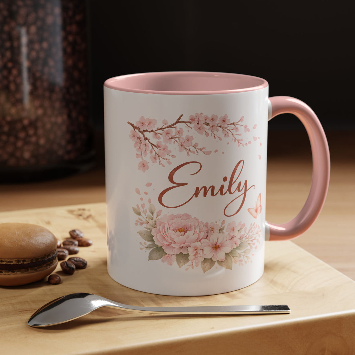 Personalized Floral Name Mug, Custom Coffee Mug with Name, Pink Flower Mug for Women, Birthday Gift, Bridesmaid Keepsake Cup
