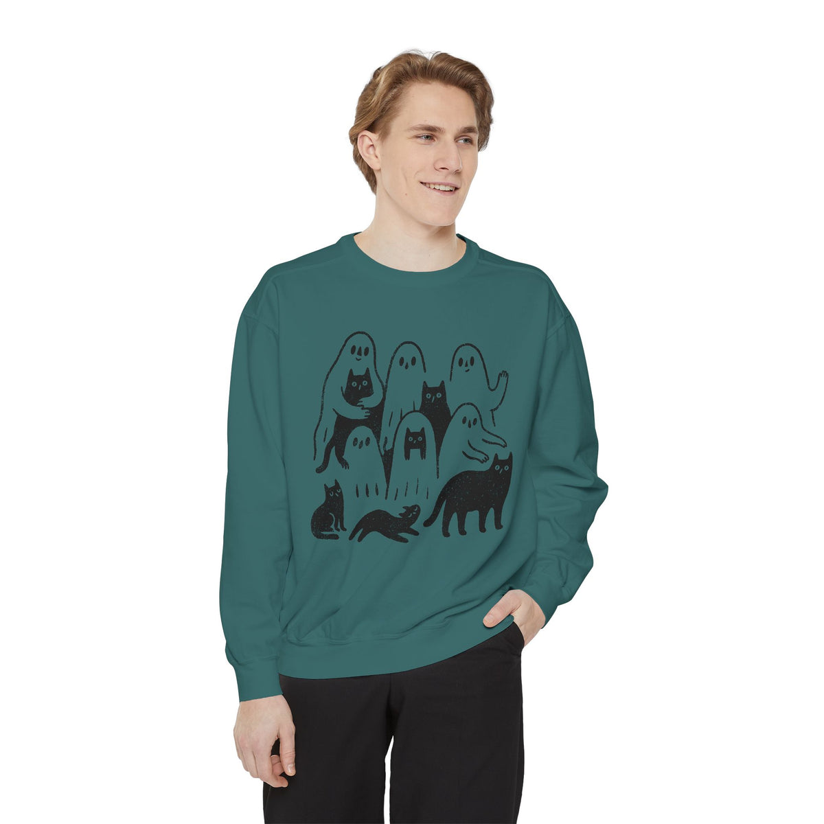 Ghost Cat Halloween Sweatshirt, Cute Spooky Cats and Ghosts Pullover, Cozy Pet Lover Gift, Minimal Black and White Fall Outfit for Women