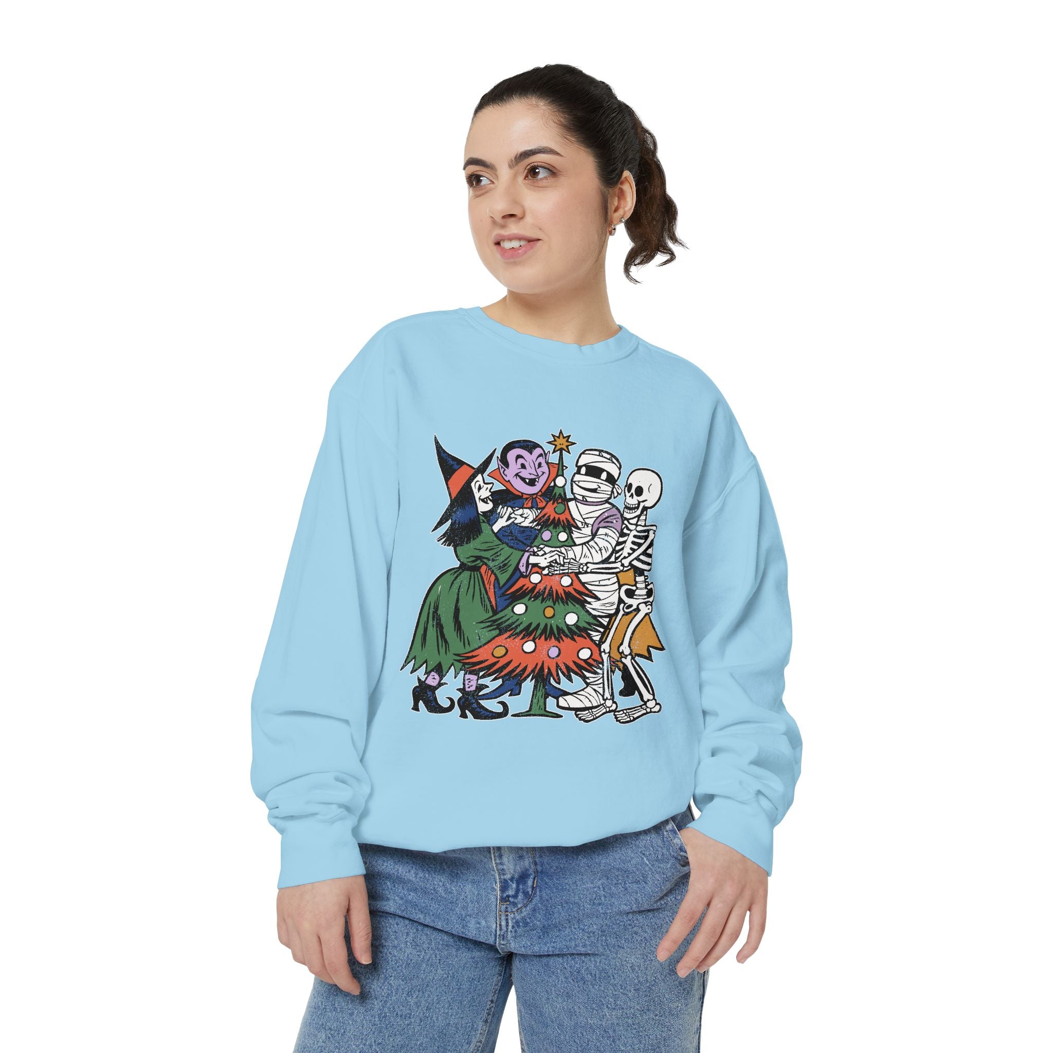 Spooky Christmas Sweatshirt, Halloween Holiday Mashup Crewneck, Witch Vampire Mummy Skeleton Pullover, Gothic Xmas Gift for Horror Fan