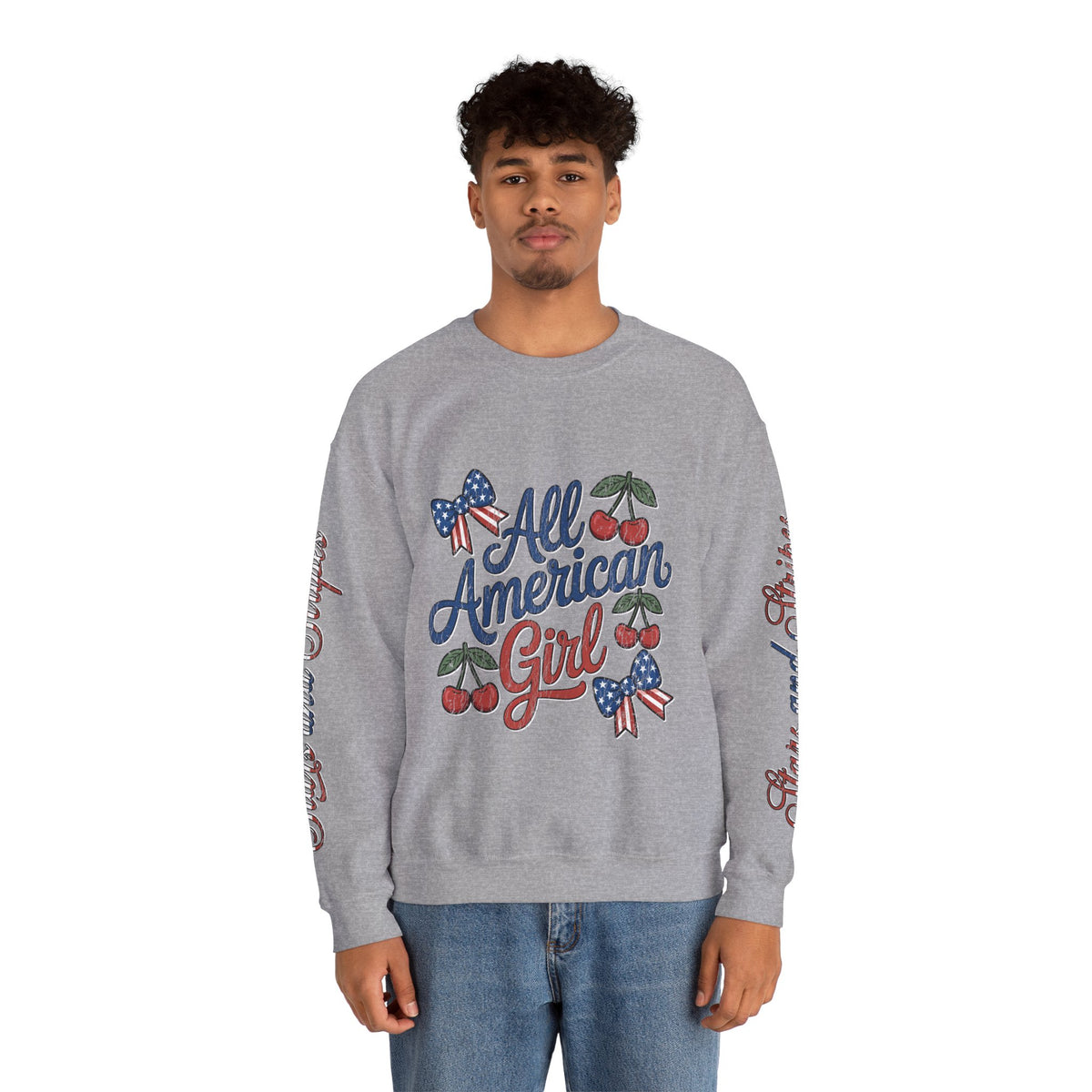 All American Girl Sweatshirt, Patriotic Womens Pullover, USA Flag Cherry Top, Vintage Americana Style, Fourth of July Gift