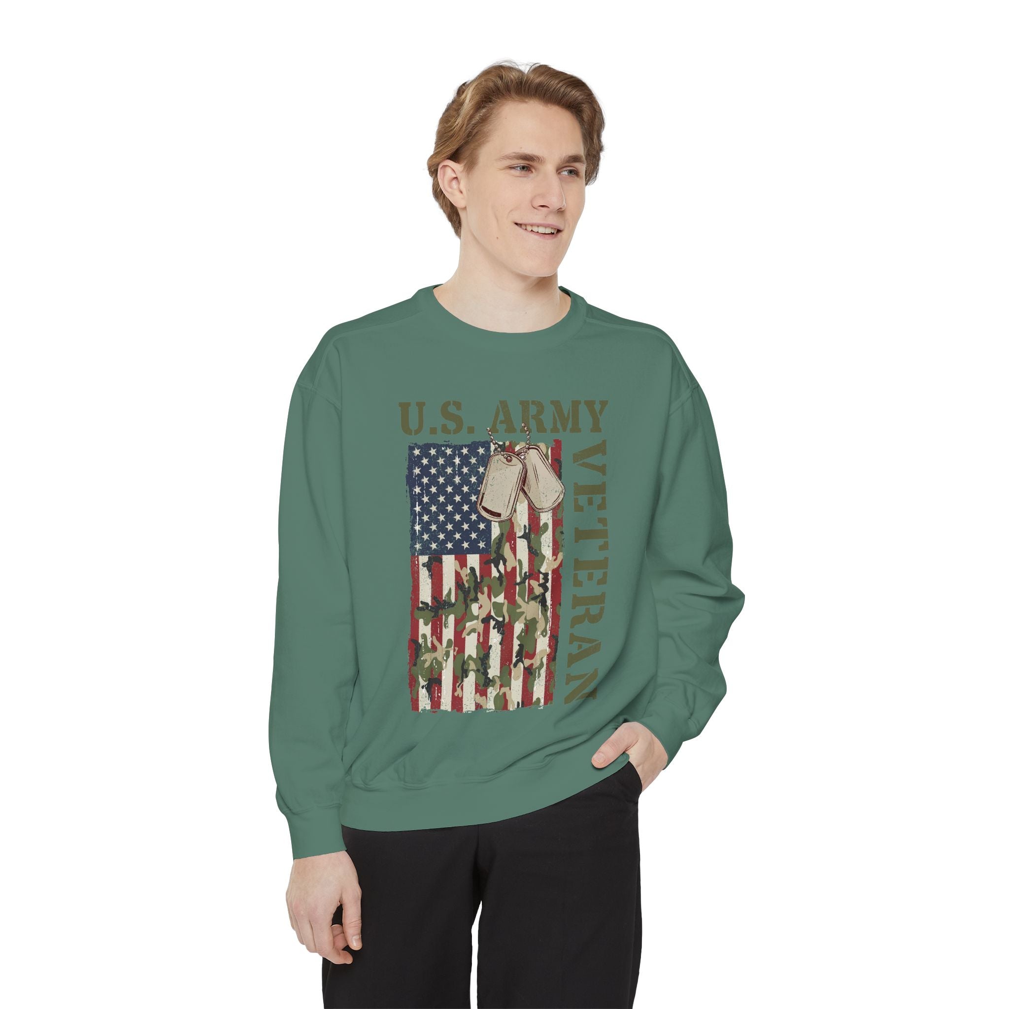US Army Veteran Sweatshirt, American Flag Camo Crewneck, Military Dog Tag Pullover, Patriotic Soldier Gift, Retirement or Veterans Day Top