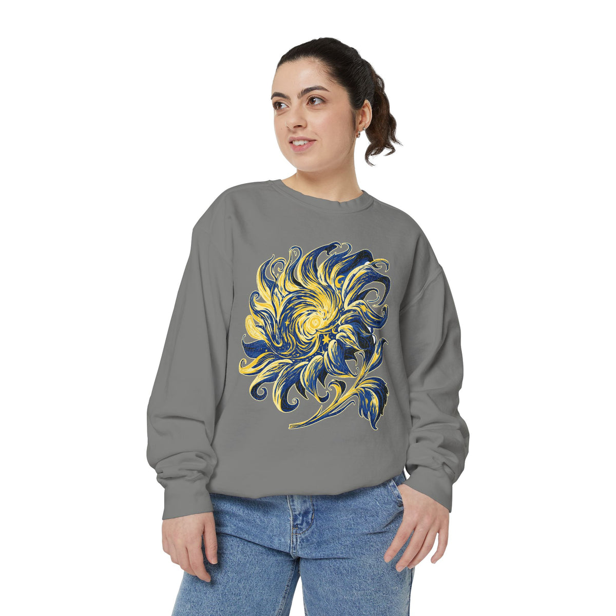 Celestial Sun Graphic Sweatshirt, Blue and Gold Cosmic Pullover, Mystical Night Sky Top, Astrology Gift for Stargazers and Dreamers