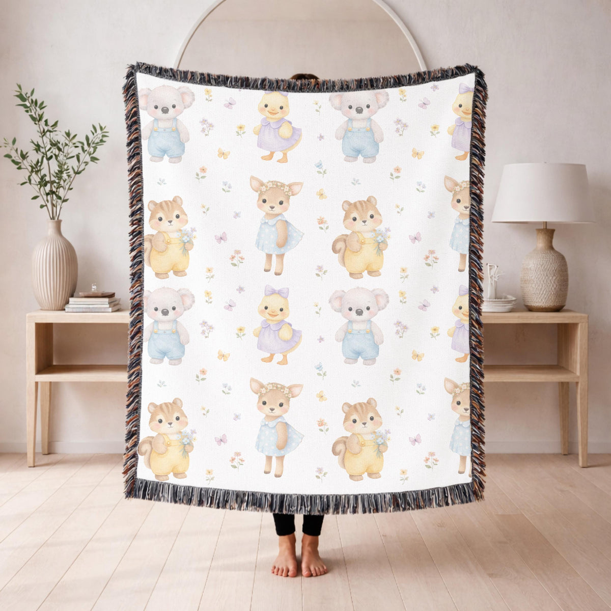 Cute Woodland Animal Baby Woven Blanket Forest Nursery Decor Koala Duck Deer Squirrel Kids Throw Baby Shower Gift