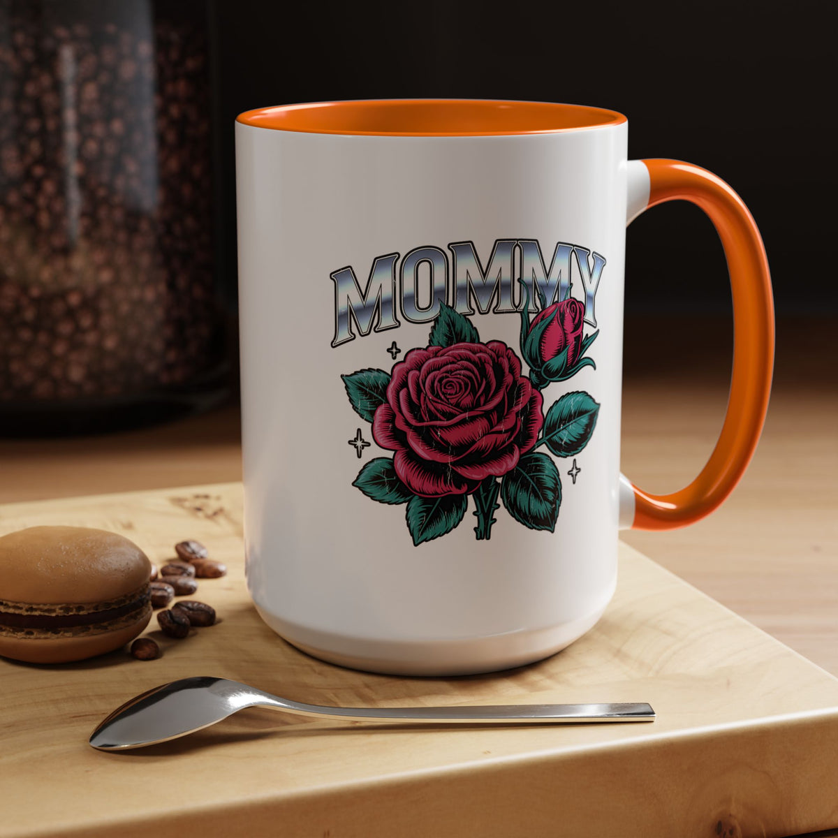 Mommy Coffee Mug, Pink Rose and Teal Leaf Design with Silver Look Lettering, Mother's Day Gift for Mom or a Floral Birthday Present for Her