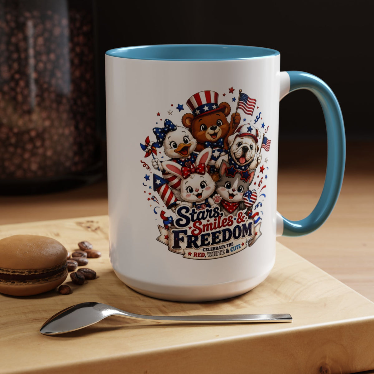 Cute Patriotic Animal Coffee Mug, Fourth of July Mug for Kids and Families, Stars Smiles and Freedom Cup, Independence Day Gift