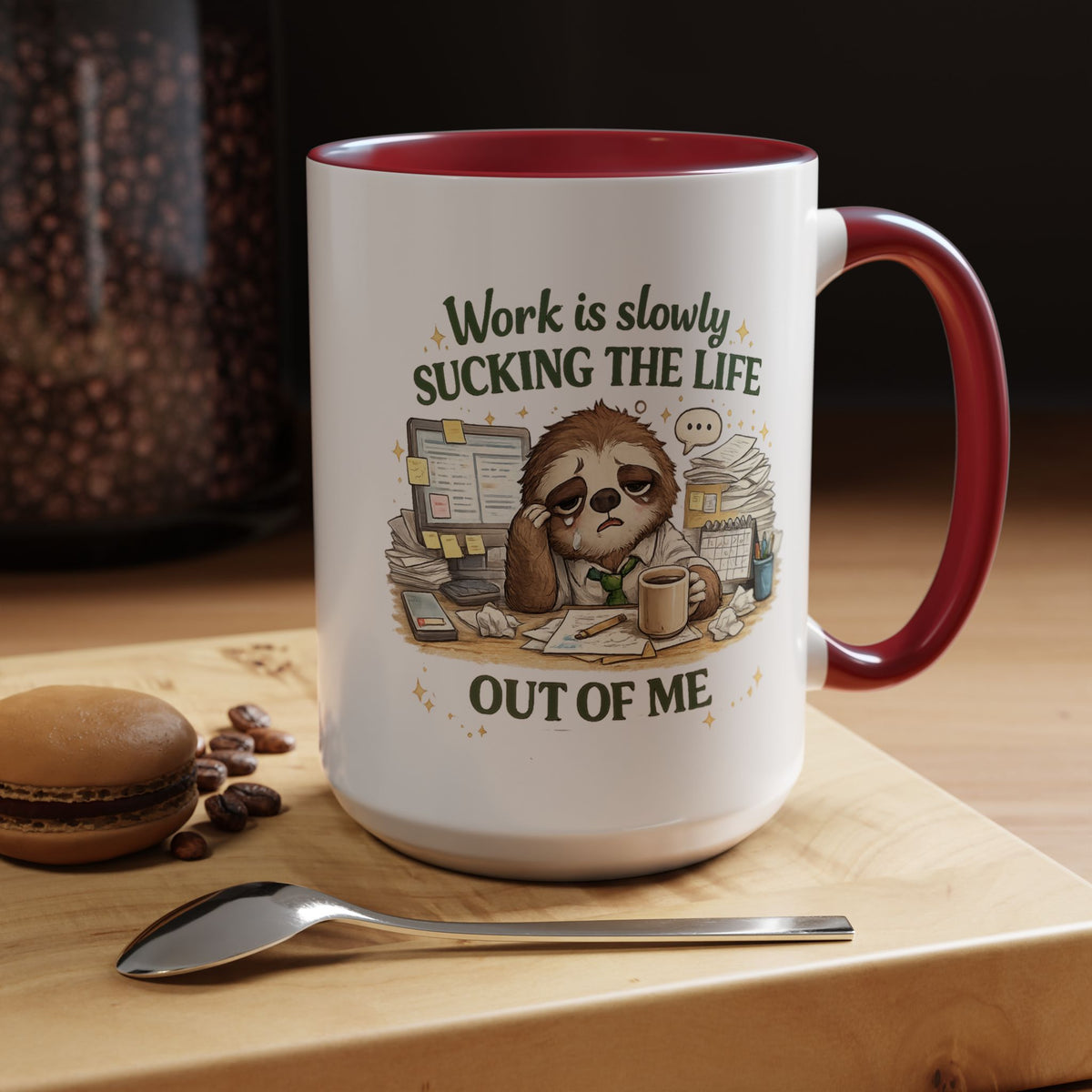 Work Is Slowly Sucking The Life Out Of Me Coffee Mug, Funny Sloth Office Joke Gift for Coworkers, Sarcastic Ceramic Tea Cup with Black Handle