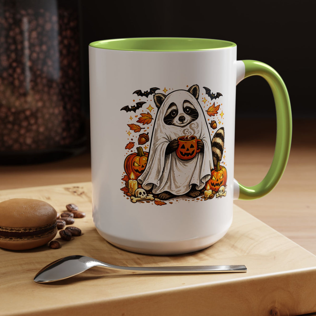 Cute Raccoon Halloween Mug, Ghost Costume Coffee Cup, Spooky Pumpkin Gift for Animal Lover, Fall Birthday or October Office Desk Decor
