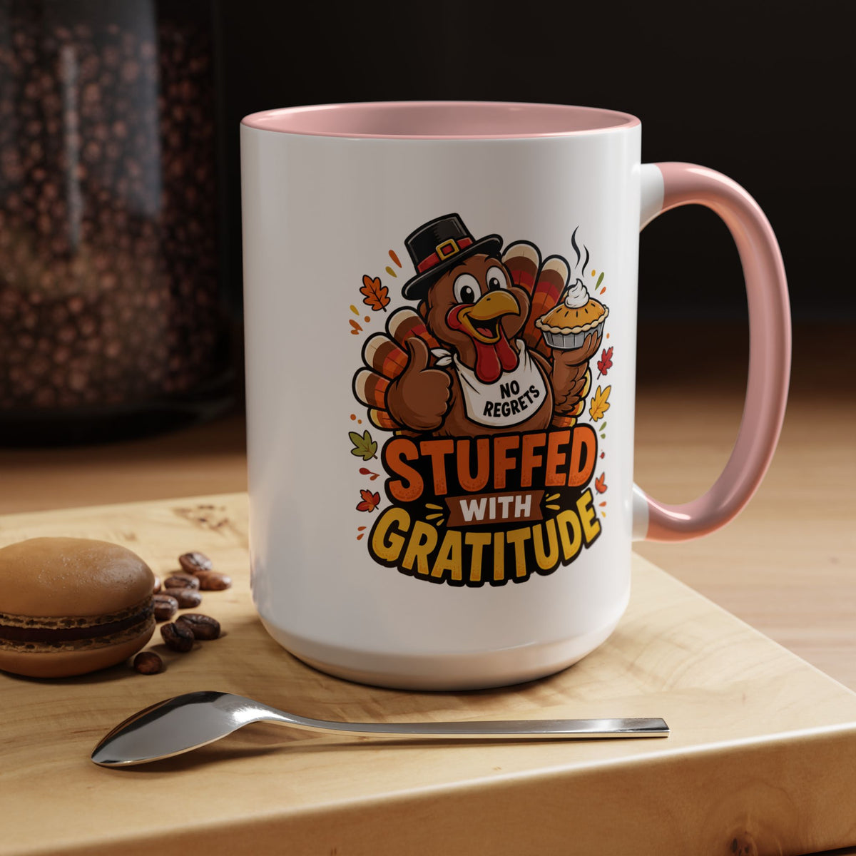 Stuffed With Gratitude Mug, Funny Thanksgiving Turkey Coffee Cup, Friendsgiving Hostess Gift, Cute Fall Drinkware for Food Lovers