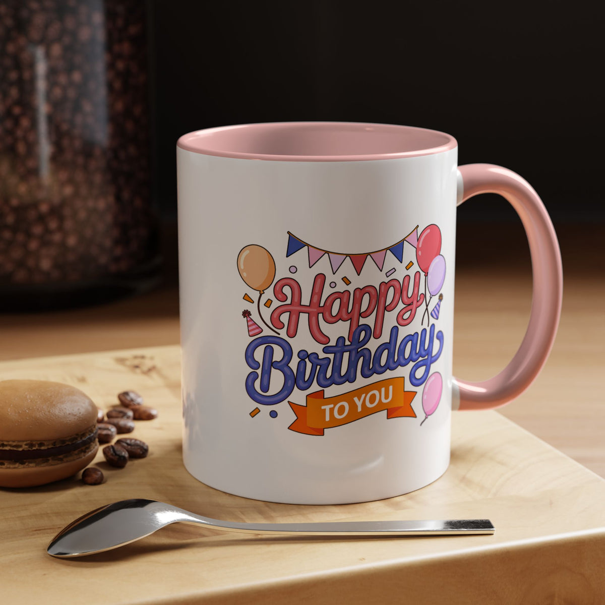 Happy Birthday to You Coffee Mug, Pink and Blue Balloons with Party Bunting, Cheerful Gift for a Sister or Best Friend's Daily Coffee Break