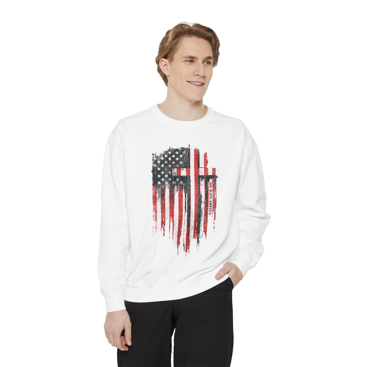God Bless America Sweatshirt, Distressed American Flag and Cross Graphic, Patriotic Christian Gift for Church Events and Everyday Faith