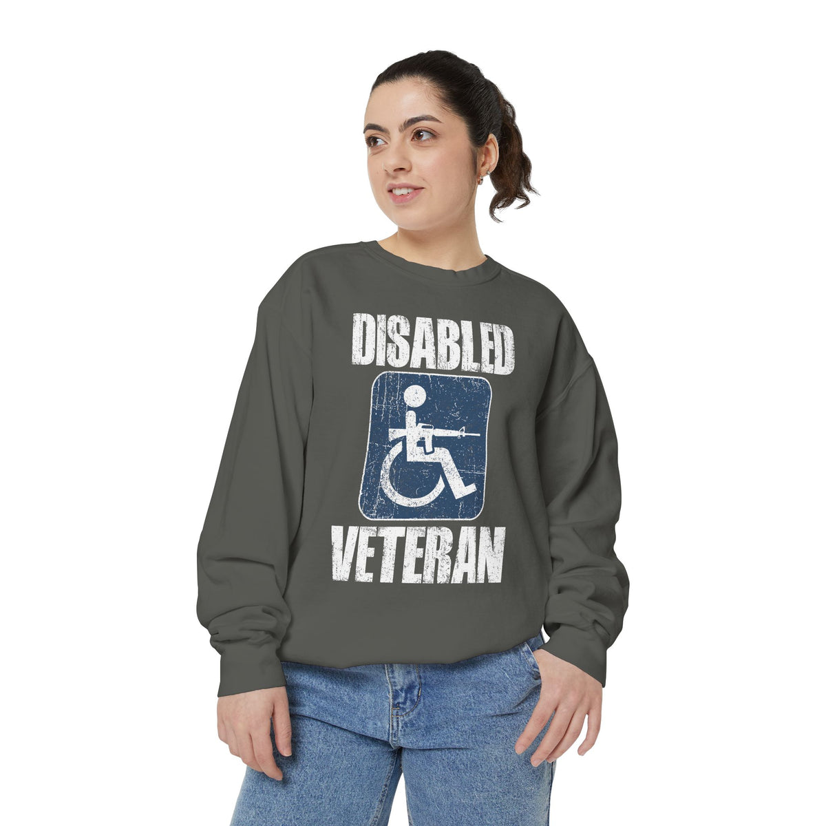 Disabled Veteran Sweatshirt, Distressed Wheelchair and Rifle Graphic, Military Service Pride, Veterans Day Gift and Everyday Casual Wear