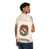 Christmas Initial Tote Bag, Personalized Cotton Canvas 15x16, Red Bow Monogram, Evergreen Wreath Holiday Gift