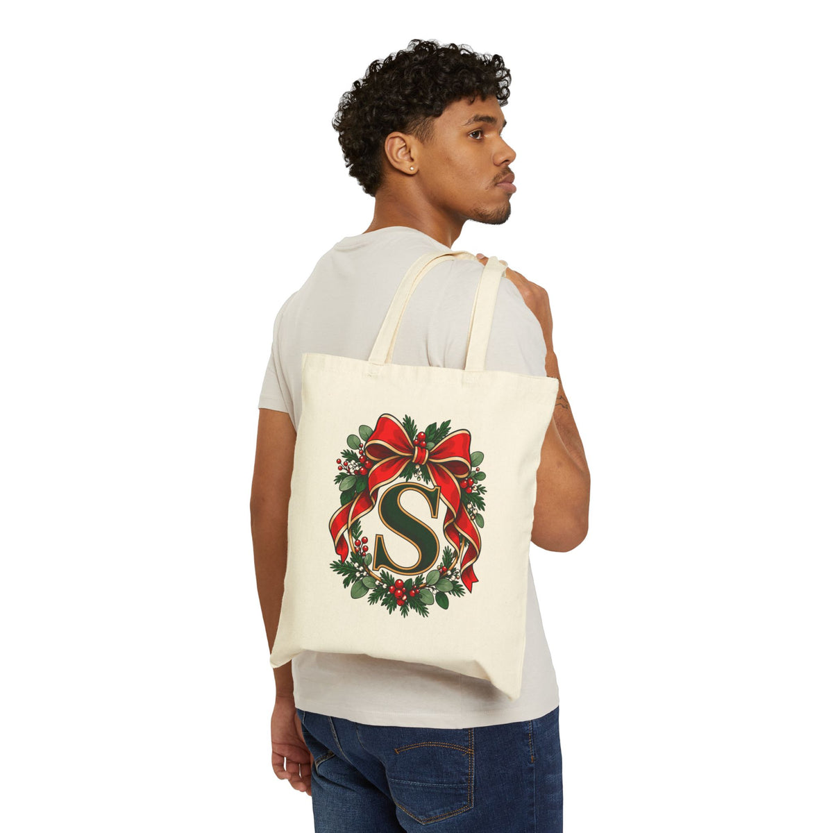 Christmas Initial Tote Bag, Personalized Cotton Canvas 15x16, Red Bow Monogram, Evergreen Wreath Holiday Gift