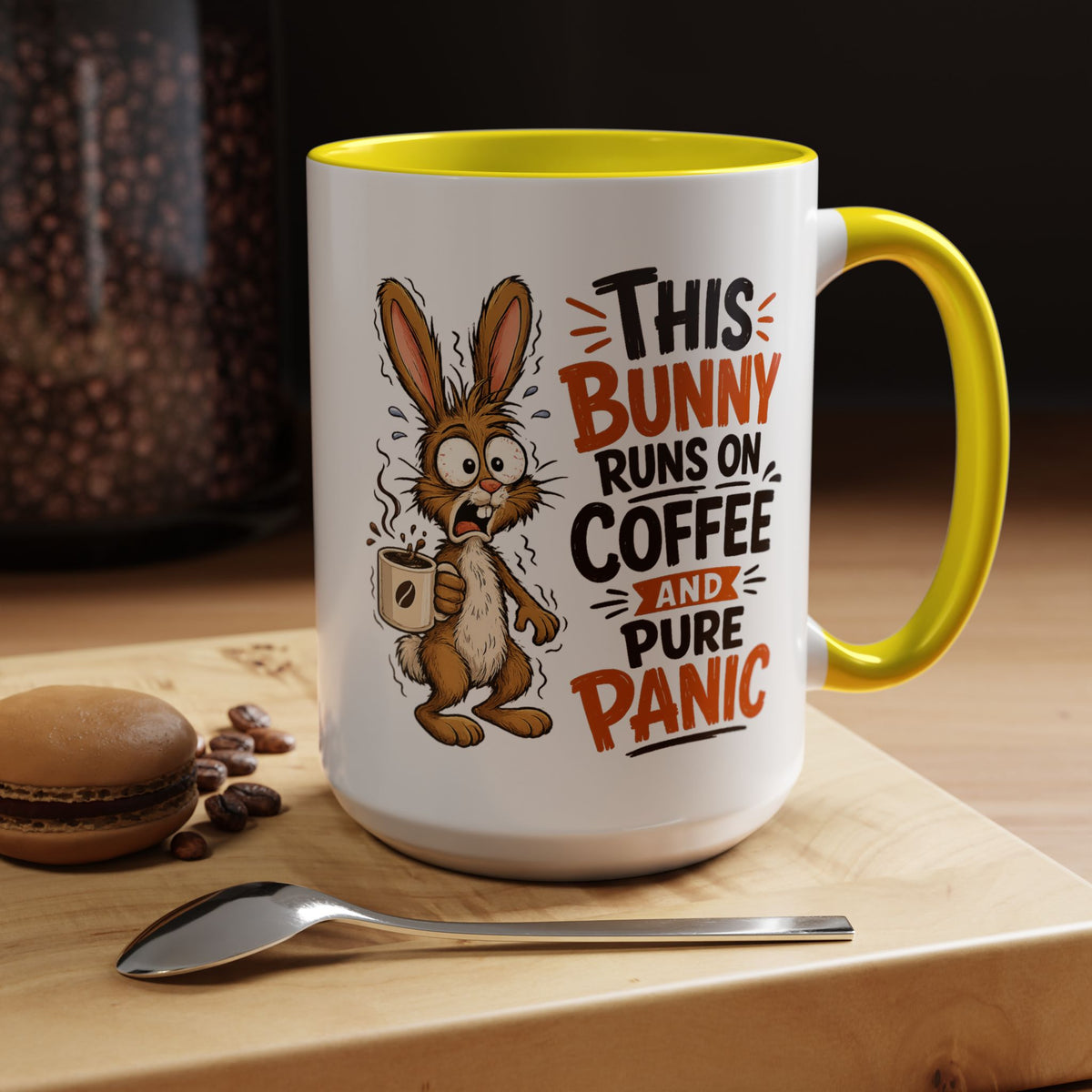 This Bunny Runs on Coffee and Pure Panic Coffee Mug, Funny Rabbit Lover Gift for Friends, Cute Sarcastic Ceramic Tea Cup with Black Handle