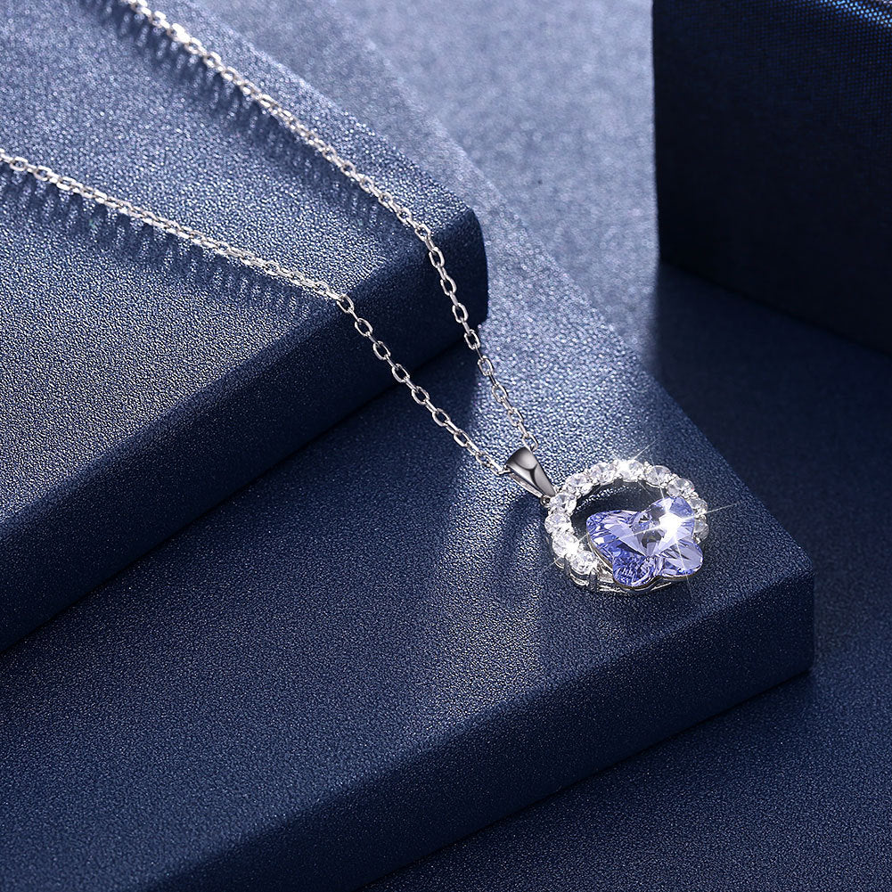 Lekani Sterling Silver s925 Necklace Crystal European And American Popular Purple Light Magic Butterfly Clavicle Chain Female