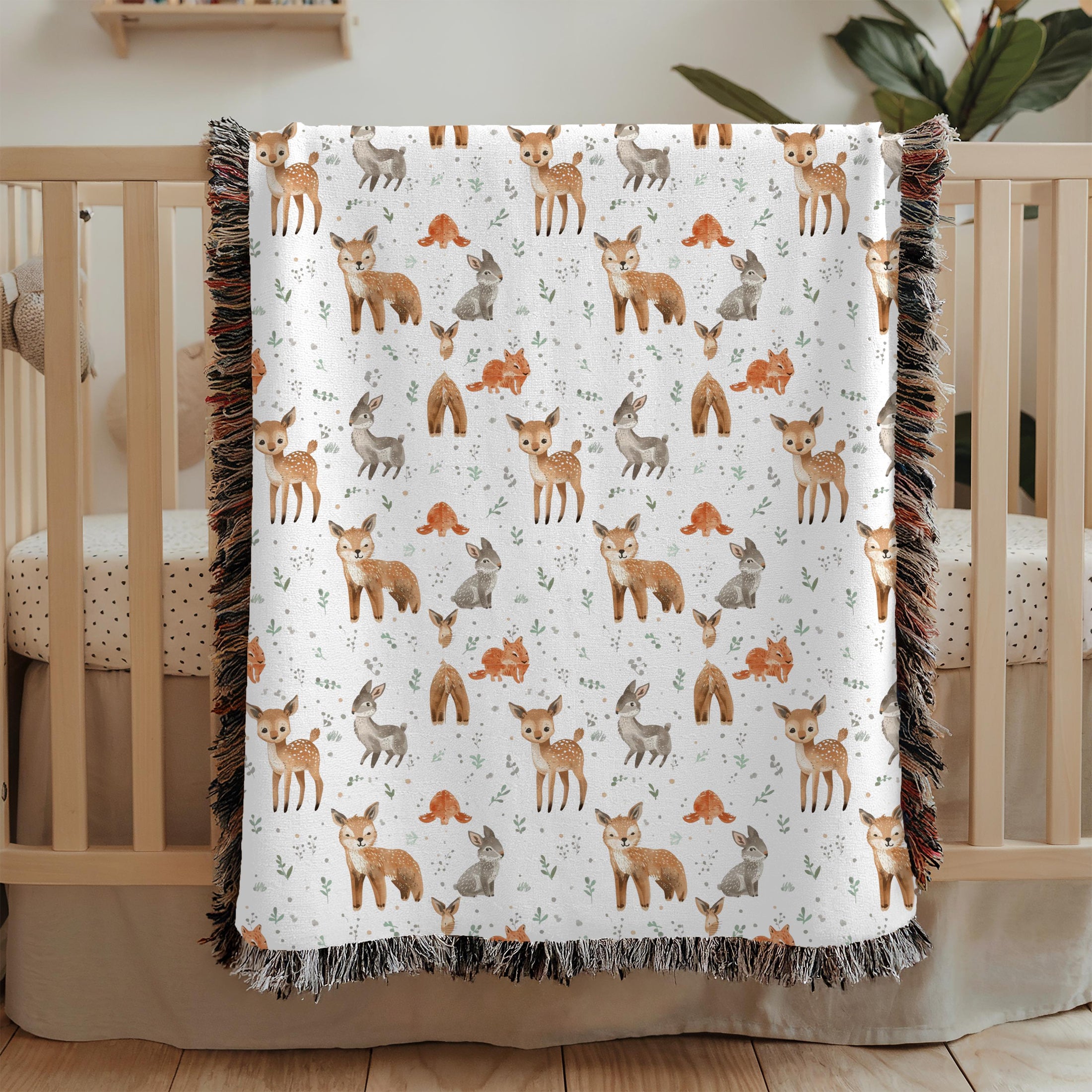 Woodland Deer Fox Baby Woven Blanket Forest Animal Nursery Decor Kids Throw Baby Shower Gift