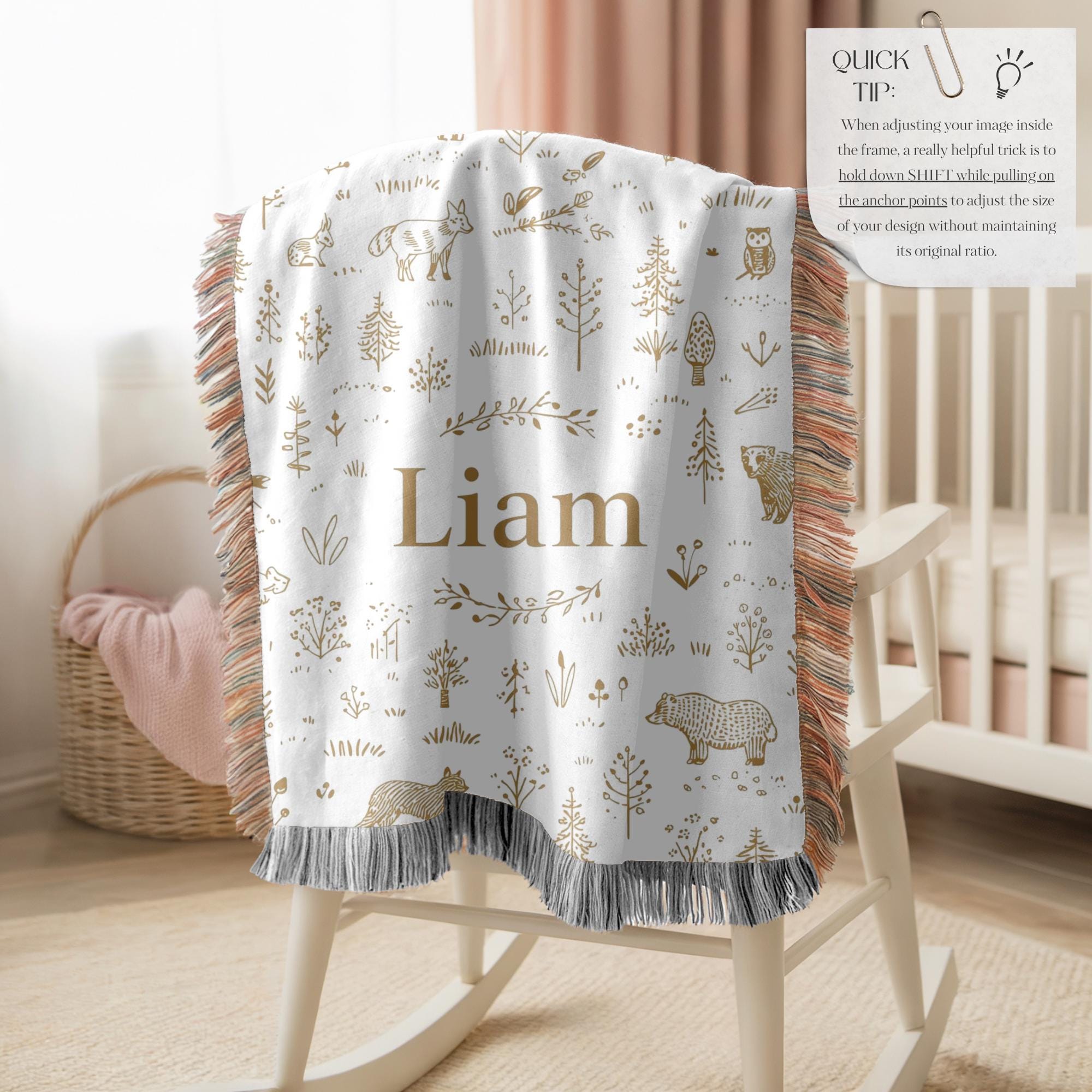 Personalized Woodland Name Woven Blanket Custom Baby Blanket Forest Animal Nursery Decor Baby Shower Gift
