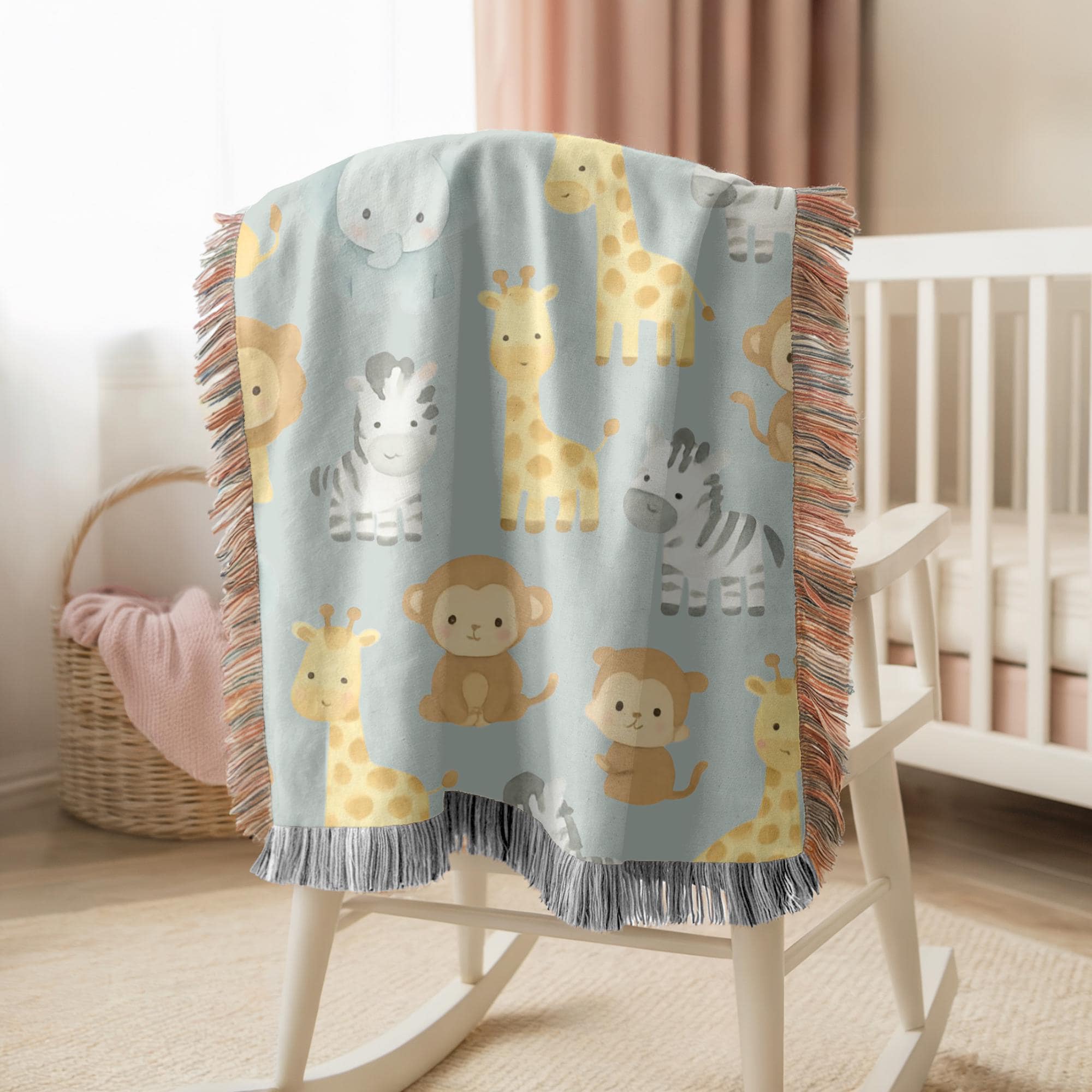 Cute Safari Animal Woven Blanket Jungle Nursery Baby Blanket Safari Baby Gift Kids Nursery Decor Animal Baby Blanket