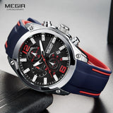Megir men's chronograph watch, black dial with red accents, blue silicone strap