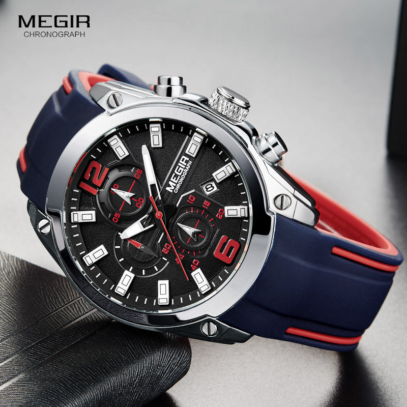 Megir men's chronograph watch, black dial with red accents, blue silicone strap