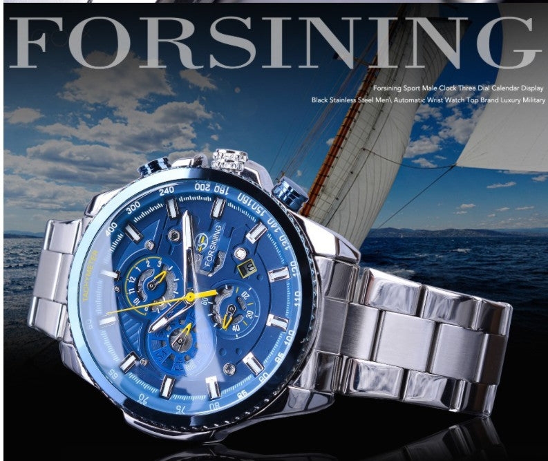 Forsining blue-dial automatic watch with three sub-dials, stainless steel bracelet
