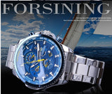 Forsining blue-dial automatic watch with three sub-dials, stainless steel bracelet