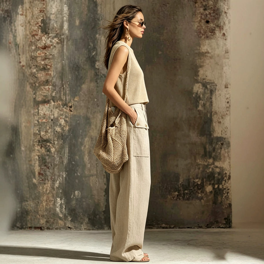 Khaki linen casual two-piece short knitted vest pocket wide leg pants set