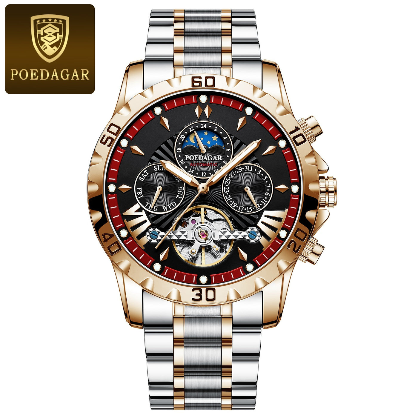 Gold and silver automatic watch with a black dial, moonphase display, and day date subdials