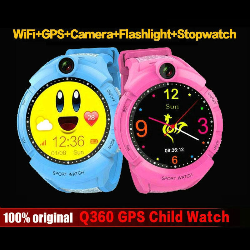 Blue and pink kids GPS smart watch with camera and cartoon face display screen