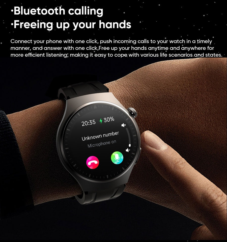 Round AMOLED smartwatch with black sport band, angled view showing heart rate, steps, and weather