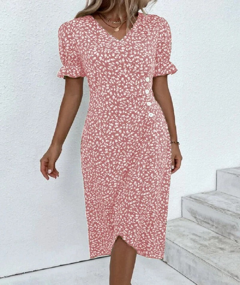European and American Summer New Womens Vacation Leisure Flower Irregular Bottom V Neck Dress
