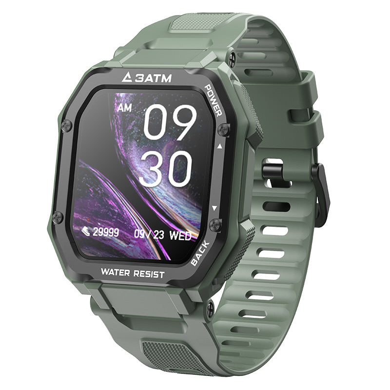 Black rugged smartwatch with a 3ATM water resist case and a step count display