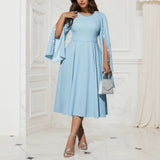 Plus Size Elegant Round Neck Solid Color Beaded Knee Length Dress