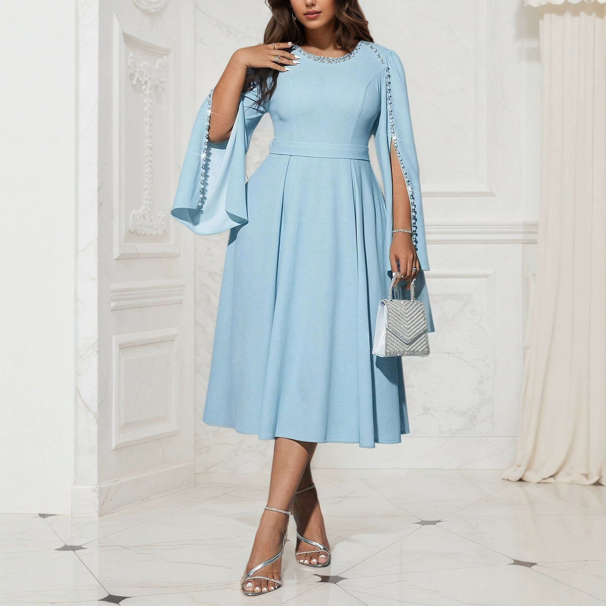 Plus Size Elegant Round Neck Solid Color Beaded Knee Length Dress