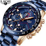 Lige men's chronograph watch, blue dial with rose gold accents, blue stainless steel bracelet