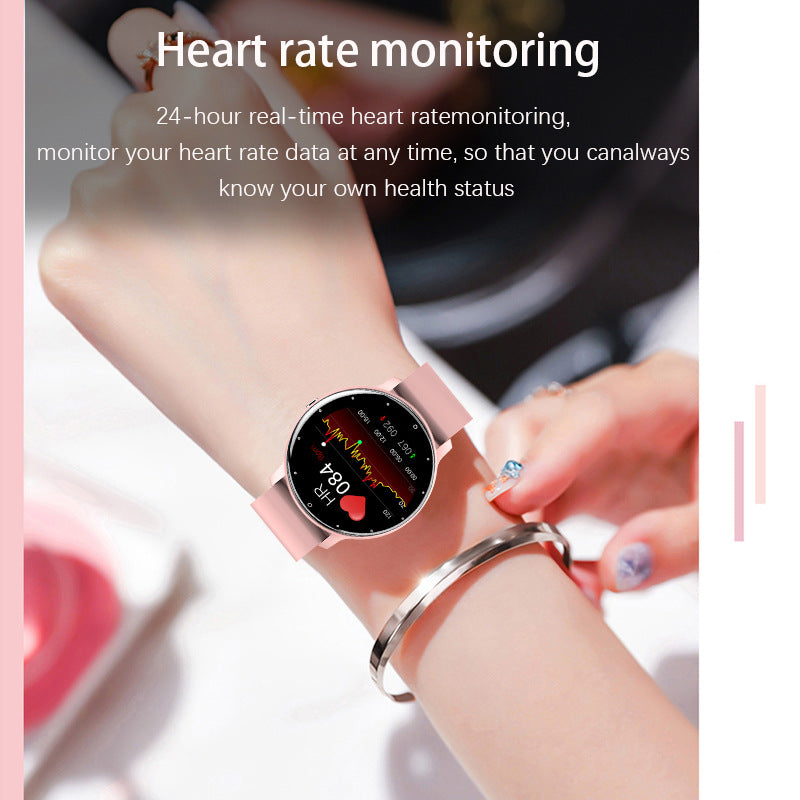 Pink round smart watch with digital time, steps and calorie display, silicone strap