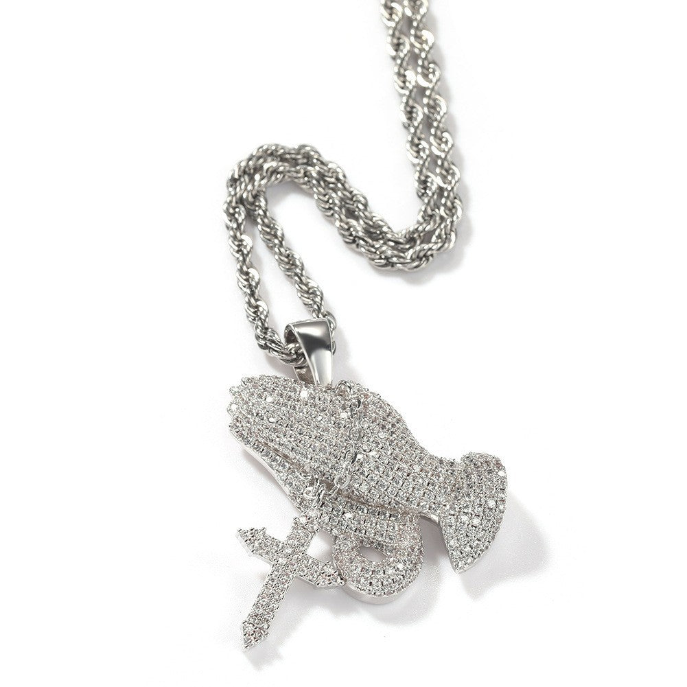 Full diamond hand cross pendant necklace European and American retro hip-hop rap popular accessory