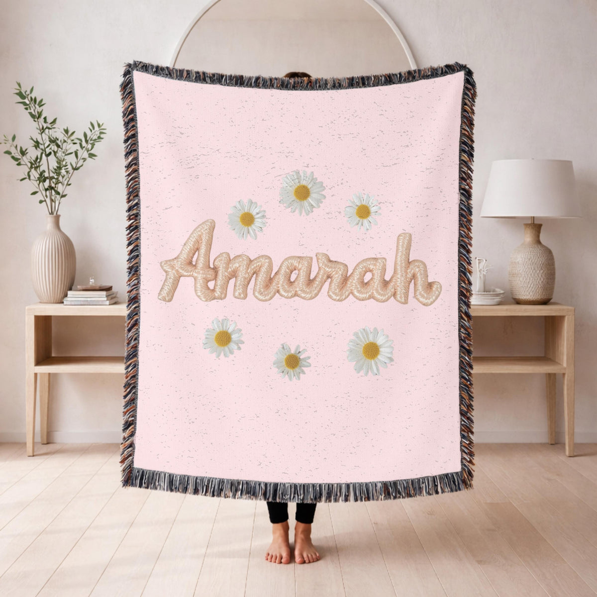 Personalized Name Woven Blanket Daisy Floral Blanket Custom Baby Blanket Nursery Decor Baby Shower Gift