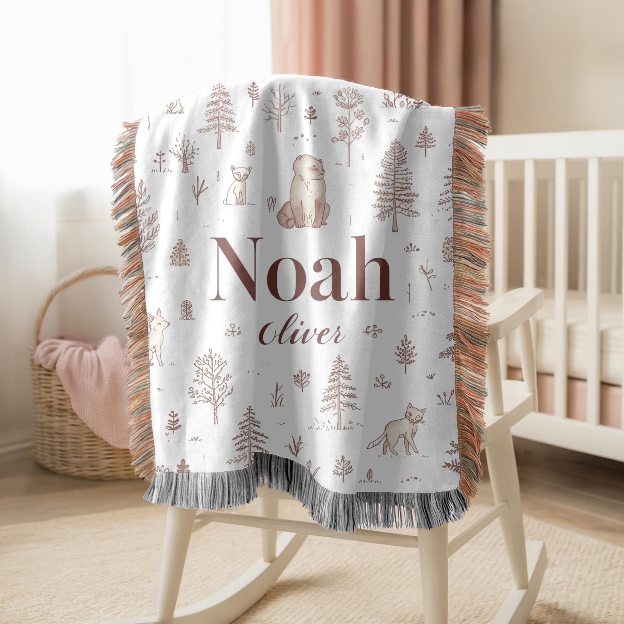 Personalized Woodland Baby Name Woven Blanket Custom Nursery Blanket Forest Animal Decor Baby Shower Gift