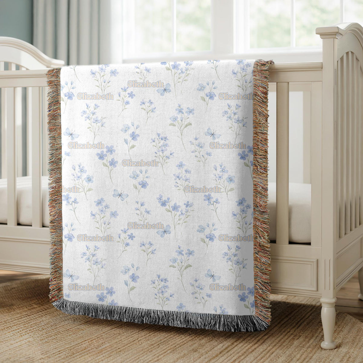 Custom Name Floral Woven Blanket Blue Flower Baby Blanket Personalized Nursery Blanket Girl Baby Shower Gift Botanical Throw
