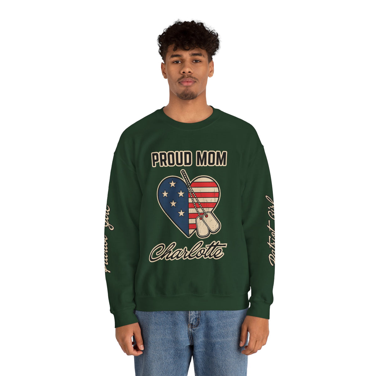 Personalized Proud Mom Sweatshirt, Custom Military Mom Pullover, American Flag Heart Crewneck, Military Mom Gift, Patriotic Mother Shirt