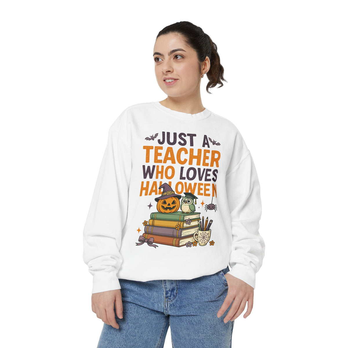 Teacher Halloween Sweatshirt, Just a Teacher Who Loves Halloween Crewneck, Spooky Classroom Shirt, Educator Gift, Cute Fall School Outfit