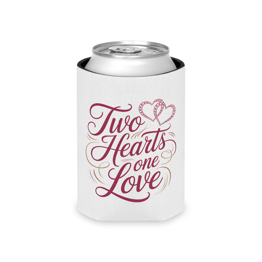 A white foam can cooler printed with 'Two Hearts one Love' in maroon script and a heart design, holding a beverage can, on a plain background.