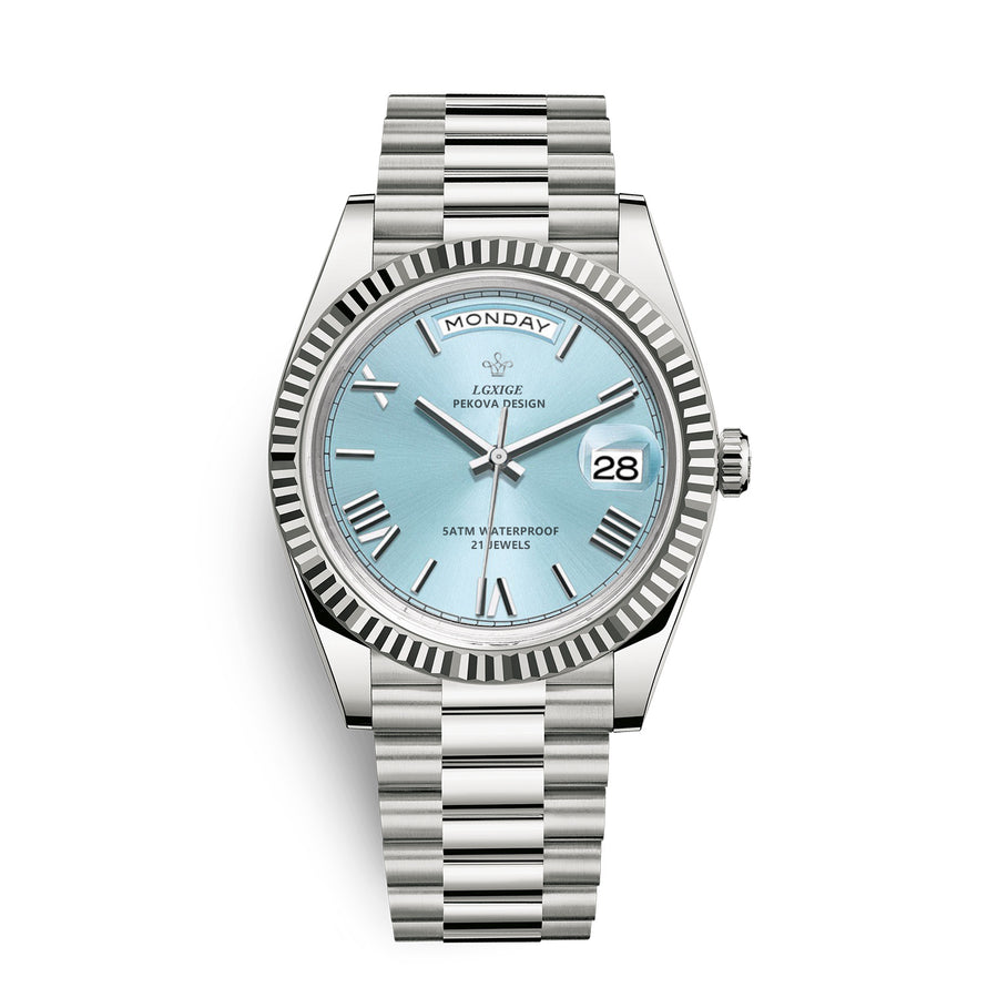 Gold-tone watch with a fluted bezel, champagne dial with day/date windows, and a matching metal bracelet