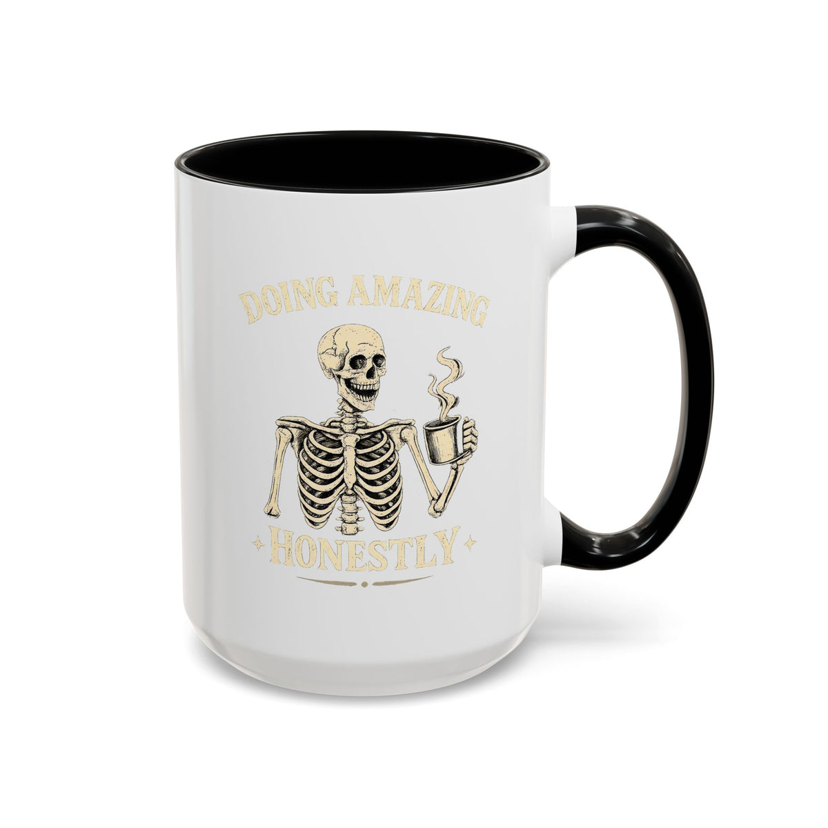 Doing Amazing Honestly Skeleton Coffee Mug, Funny Burnout Gift for Coworker, Sarcastic Office Coffee Cup, Tired but Thriving Mug