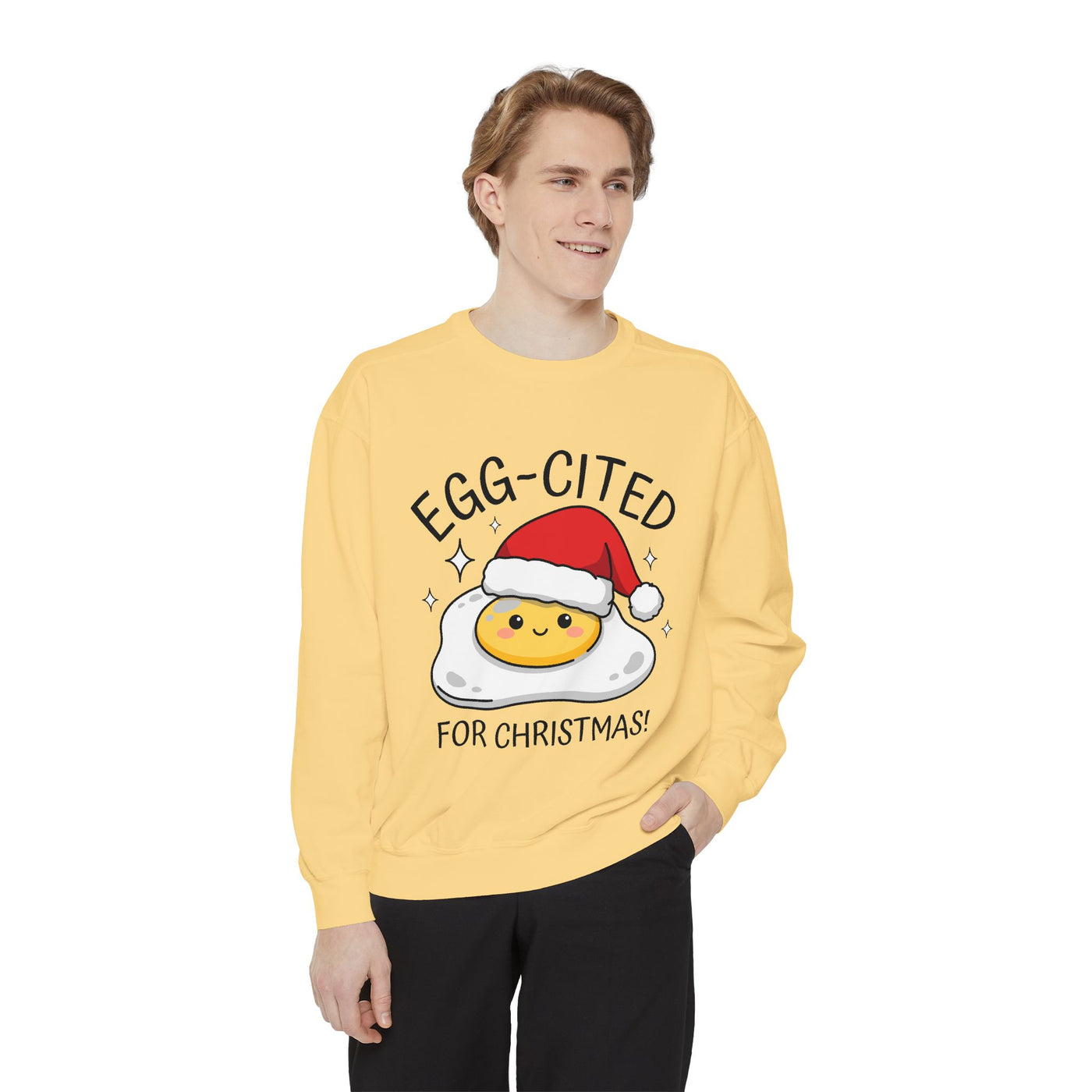 Egg-Cited for Christmas Sweatshirt, Funny Fried Egg Crewneck, Cute Food Pun Holiday Pullover, Christmas Breakfast Gift for Brunch Lover