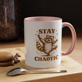 Stay Chaotic Raccoon Coffee Mug, Funny Trash Panda Gift for Friends, Sarcastic Animal Meme Ceramic Tea Cup with Pink Handle