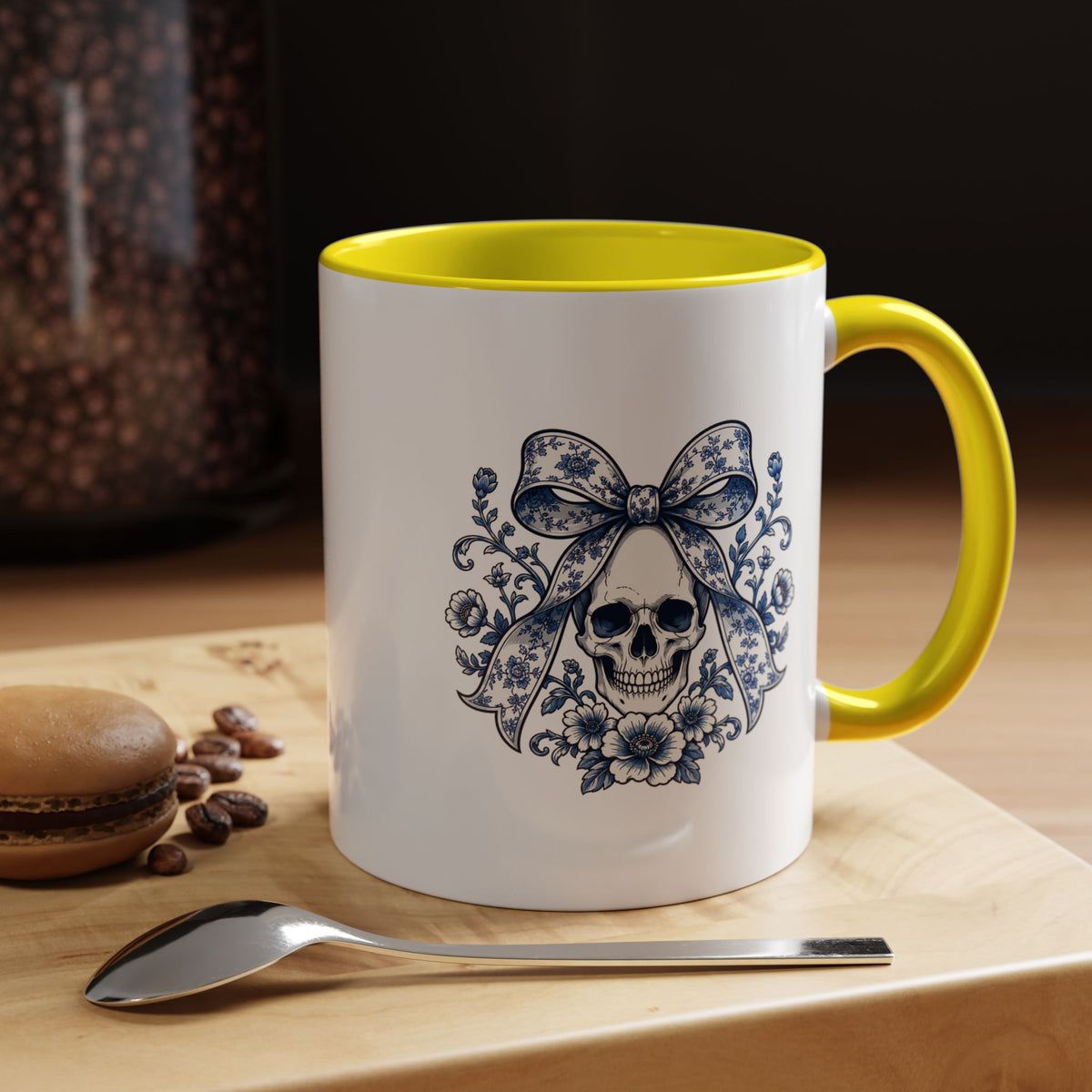 Blue Floral Skull Mug, Gothic Coquette Bow Coffee Cup, Alternative Halloween Gift for Her, Dark Academia Kitchen Decor, Spooky Present