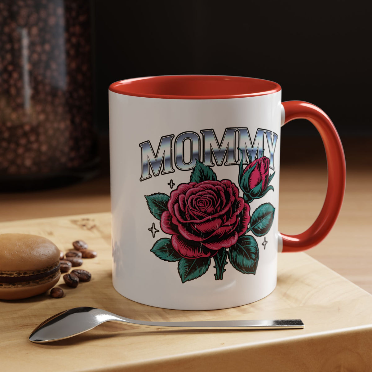 Mommy Coffee Mug, Pink Rose and Teal Leaf Design with Silver Look Lettering, Mother's Day Gift for Mom or a Floral Birthday Present for Her