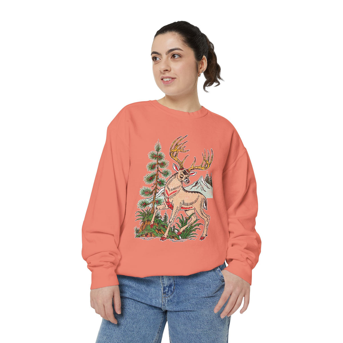 Woodland Deer Sweatshirt, Rustic Stag and Mountain Graphic, Gift for Wildlife Lovers and Hikers, Forest Inspired Cabin Weekend Clothing